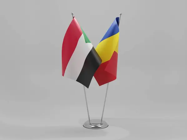 Romania Bandiere Cooperazione Sudan Sfondo Bianco Render — Foto Stock