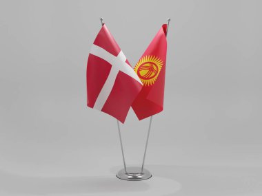 Kırgızistan - Danimarka İşbirliği Bayrakları, Beyaz Arkaplan - 3D Render. Tarihi bayrak