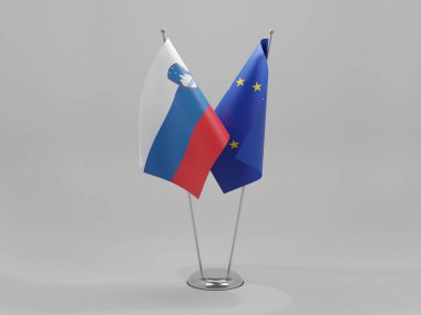 Avrupa Birliği - Slovenya İşbirliği Bayrakları, Beyaz Arkaplan - 3D Render