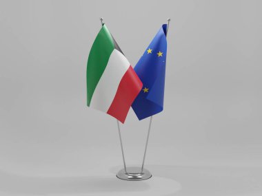 Avrupa Birliği - Kuveyt İşbirliği Bayrakları, Beyaz Arkaplan - 3D Render