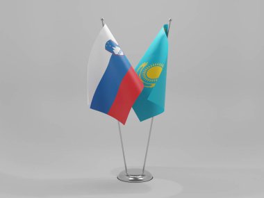 Kazakistan - Slovenya İşbirliği Bayrakları, Beyaz Arkaplan - 3D Render