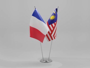 Malezya - Fransa İşbirliği Bayrakları, Beyaz Arkaplan - 3D Render