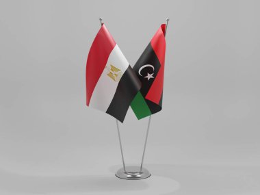 Libya - Mısır İşbirliği Bayrakları, Beyaz Arkaplan - 3D Hazırlama