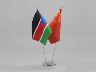 Çin - Güney Sudan İşbirliği Bayrakları, Beyaz Arkaplan - 3D Render