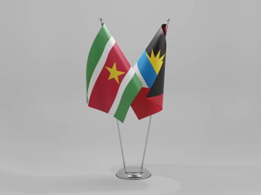 Antigua ve Barbuda - Surinam İşbirliği Bayrakları, Beyaz Arkaplan - 3D Render