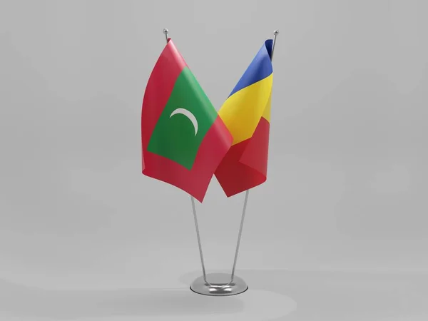 Ρουμανία Σημαίες Συνεργασίας Μαλδίβων Λευκό Φόντο Render — Φωτογραφία Αρχείου