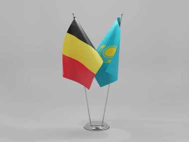 Kazakistan - Belçika İşbirliği Bayrakları, Beyaz Arkaplan - 3D Render