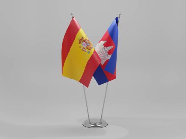 Kamboçya - İspanya İşbirliği Bayrakları, Beyaz Arkaplan - 3D Render