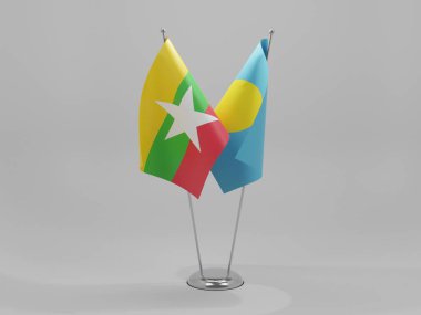 Palau - Myanmar İşbirliği Bayrakları, Beyaz Arkaplan - 3D Render