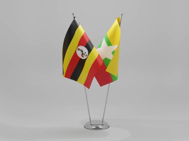 Myanmar - Uganda İşbirliği Bayrakları, Beyaz Arkaplan - 3D Render