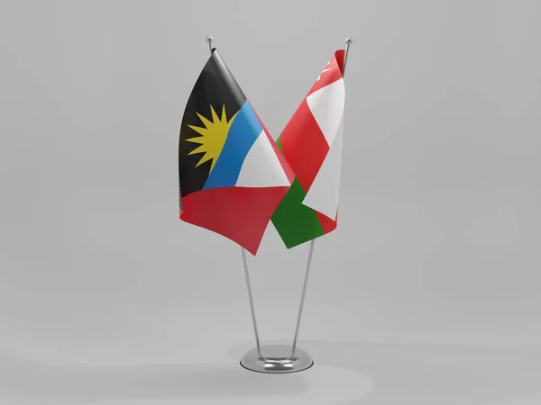Oman Flagi Współpracy Antigua Barbuda Białe Tło Render — Zdjęcie stockowe