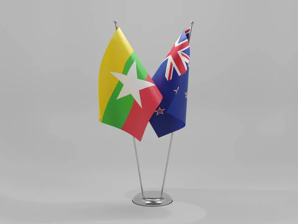 Nueva Zelanda Myanmar Banderas Cooperación Fondo Blanco Render — Foto de Stock