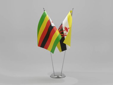 Brunei - Zimbabwe İşbirliği Bayrakları, Beyaz Arkaplan - 3D Render