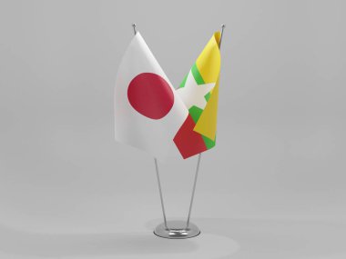 Myanmar - Japonya İşbirliği Bayrakları, Beyaz Arkaplan - 3D Yapılandırma