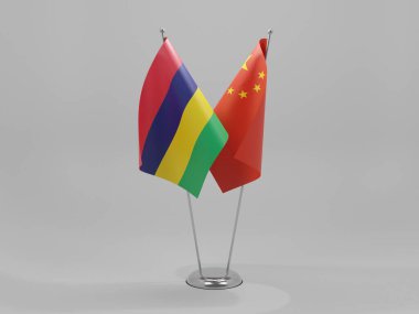 Çin - Mauritius İşbirliği Bayrakları, Beyaz Arkaplan - 3D Render