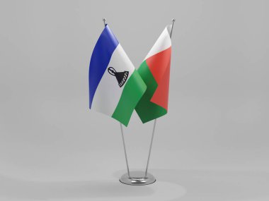 Madagaskar - Lesotho İşbirliği Bayrakları, Beyaz Arkaplan - 3D Render