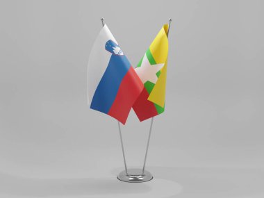 Myanmar - Slovenya İşbirliği Bayrakları, Beyaz Arkaplan - 3D Render