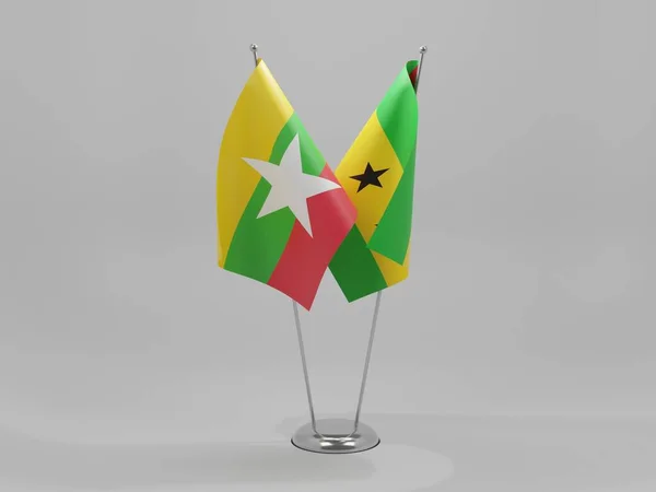 Svatý Tomáš Princův Ostrov Myanmar Cooperation Flags Bílé Pozadí Render — Stock fotografie