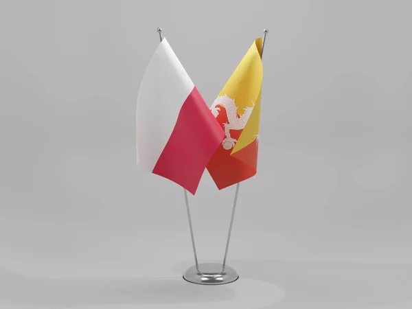 Bhutan Polens Samarbetsflaggor Vit Bakgrund Render — Stockfoto