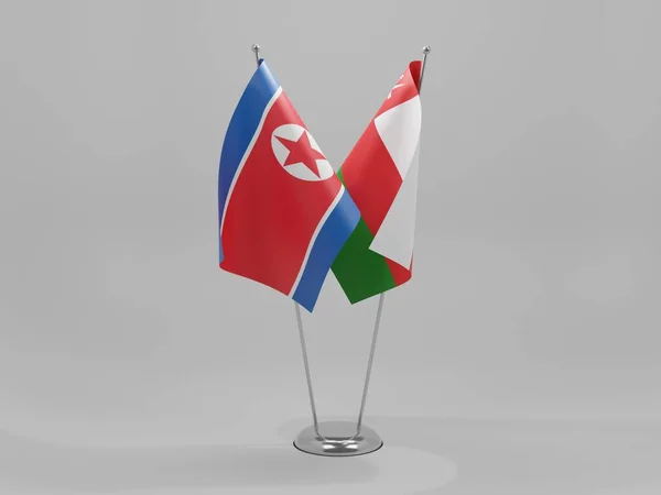 Σημαίες Συνεργασίας Ομάν Βόρειας Κορέας Λευκό Φόντο Render — Φωτογραφία Αρχείου