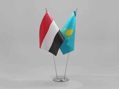 Kazakistan - Yemen İşbirliği Bayrakları, Beyaz Arkaplan - 3D Render