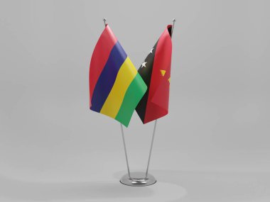 Papua Yeni Gine - Mauritius İşbirliği Bayrakları, Beyaz Arkaplan - 3D Render