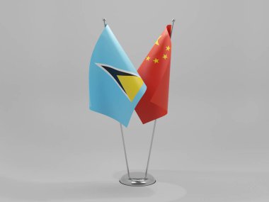 Çin - Saint Lucia İşbirliği Bayrakları, Beyaz Arkaplan - 3D Render