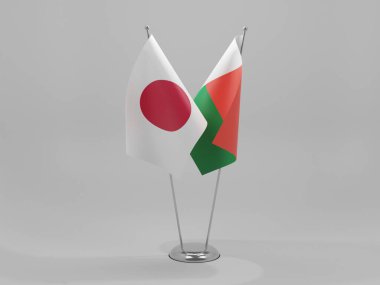 Madagaskar - Japonya İşbirliği Bayrakları, Beyaz Arkaplan - 3D Render