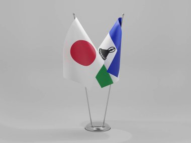 Lesotho - Japonya İşbirliği Bayrakları, Beyaz Arkaplan - 3D Render
