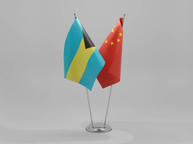 Çin - Bahamalar İşbirliği Bayrakları, Beyaz Arkaplan - 3D Render