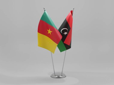 Libya - Kamerun İşbirliği Bayrakları, Beyaz Arkaplan - 3D Render