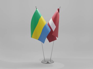 Letonya - Gabon İşbirliği Bayrakları, Beyaz Arkaplan - 3D Render