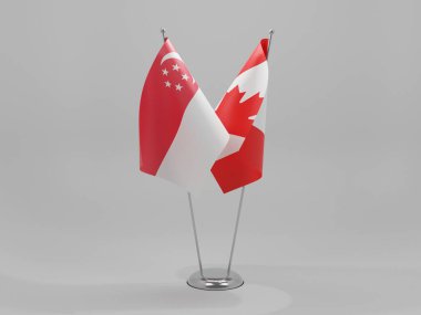 Kanada - Singapur İşbirliği Bayrakları, Beyaz Arkaplan - 3D Render