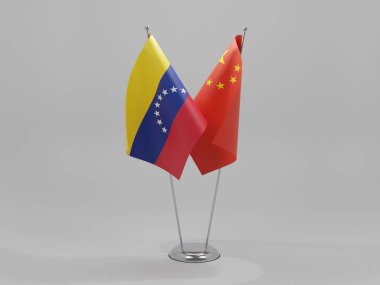 Çin - Venezuela İşbirliği Bayrakları, Beyaz Arkaplan - 3D Render