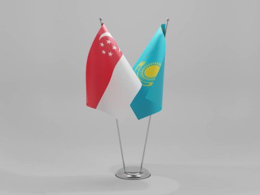 Kazakistan - Singapur İşbirliği Bayrakları, Beyaz Arkaplan - 3D Render