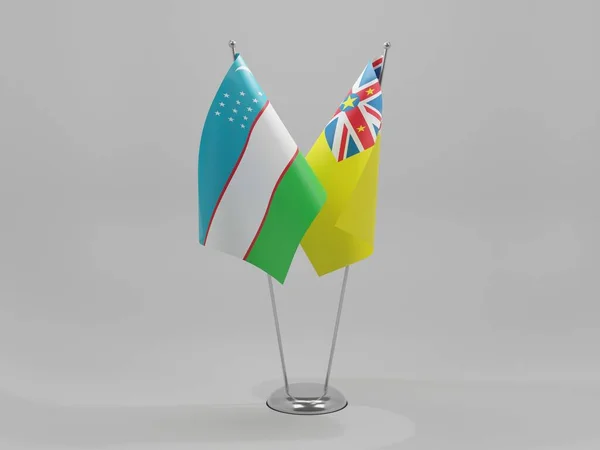 Niue Banderas Cooperación Uzbekistán Fondo Blanco Render —  Fotos de Stock