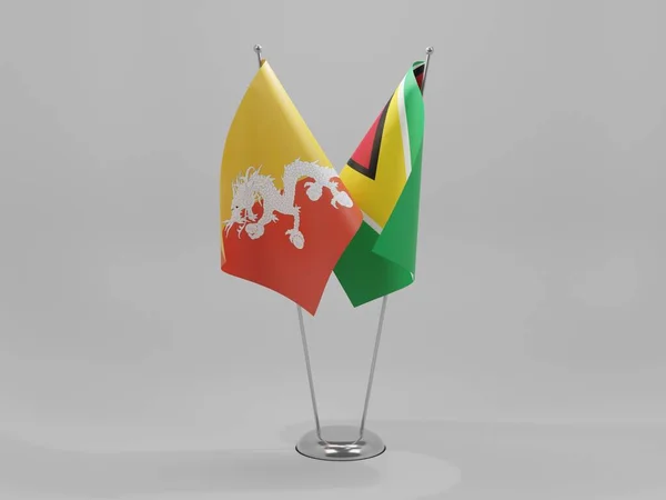 Guyana Banderas Cooperación Bután Fondo Blanco Render —  Fotos de Stock