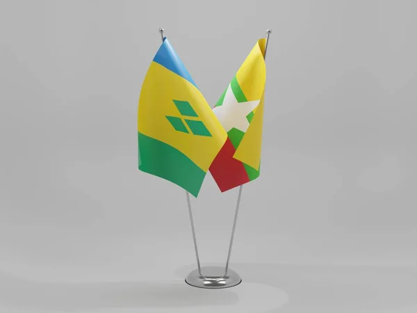 Mianmar Saint Vincent Grenadine Szigetek Együttműködési Zászlók Fehér Háttér Render — Stock Fotó