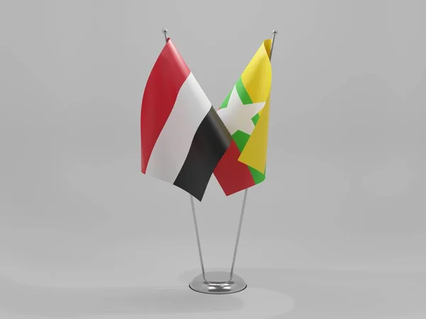 Myanmar Jemeńskie Flagi Współpracy Białe Tło Render — Zdjęcie stockowe
