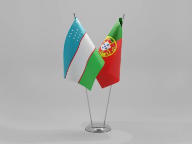 Portekiz - Özbekistan İşbirliği Bayrakları, Beyaz Arkaplan - 3D Render