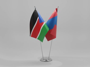 Moğolistan - Güney Sudan İşbirliği Bayrakları, Beyaz Arkaplan - 3D Render