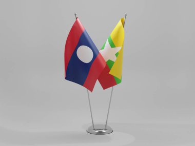 Myanmar - Laos İşbirliği Bayrakları, Beyaz Arkaplan - 3D Render