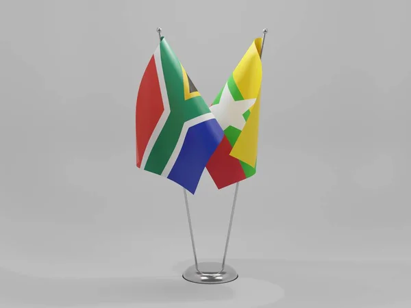 Myanmar Banderas Cooperación Sudáfrica Fondo Blanco Render —  Fotos de Stock