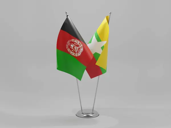 Σημαίες Συνεργασίας Μιανμάρ Αφγανιστάν Λευκό Φόντο Render — Φωτογραφία Αρχείου