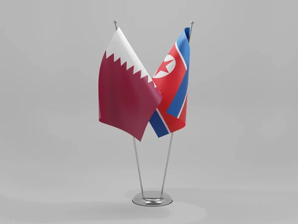 Corea Del Norte Banderas Cooperación Qatar Fondo Blanco Render — Foto de Stock