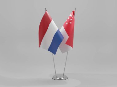 Singapur - Hollanda İşbirliği Bayrakları, Beyaz Arkaplan - 3D Render