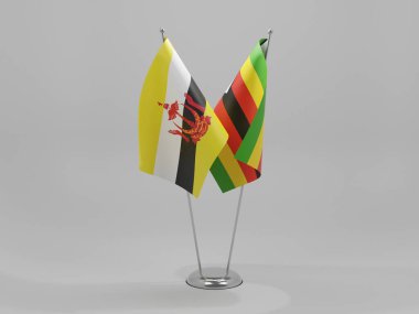Zimbabwe - Brunei İşbirliği Bayrakları, Beyaz Arkaplan - 3D Render