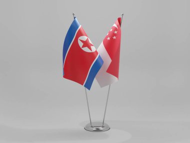 Singapur - Kuzey Kore İşbirliği Bayrakları, Beyaz Arkaplan - 3D Render
