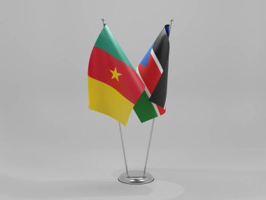 Güney Sudan - Kamerun İşbirliği Bayrakları, Beyaz Arkaplan - 3D Render