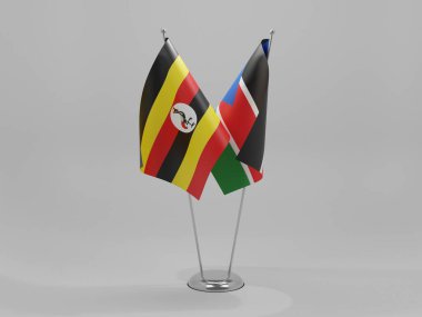 Güney Sudan - Uganda İşbirliği Bayrakları, Beyaz Arkaplan - 3D Render